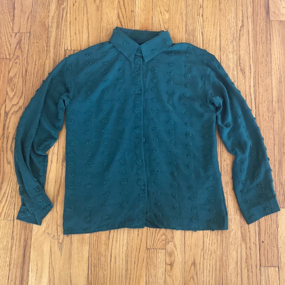 Cuffed Sleeve Pompom Collar Button Down Shirt Size S in Green